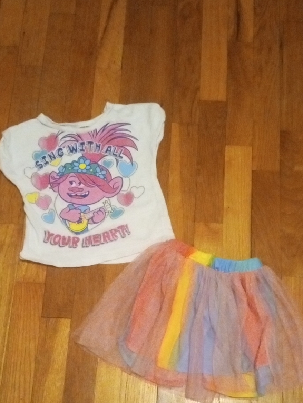 Trolls Graphic Tee and Rainbow Tulle Skirt Set - White & Pastel Rainbow 3t